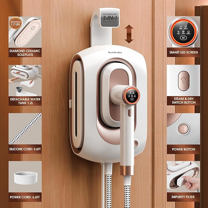 Newbealer 2In1 Pro Steam Station Iron, 1550W Turbocharged Steam for Clothes, 3-Level Steam & Dry Ironing, 30s Heat Up, 1.2L Detachable Tank, Auto-Off, Self Cleaning, Innovative Storage for Household