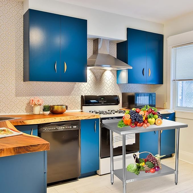 STABLEINK NSF Stainless Steel Table, 24 x 36 Inches Metal Prep & Work Table with Backsplash, Adjustable Undershelf and Table Foot, for Commercial Kitchen, Restaurant (Without Caster Wheels)