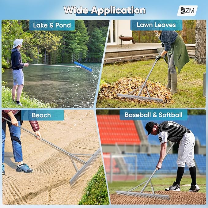 Floating Weed Lake Rake, 36" Aluminum Landscape Rake with Adjustable Handle, 33FT Rope & Float, Weed & Algae Removal of Leaves, Floating Scum, Multifunctional Detachable Aquatic Weed Rake with Gloves