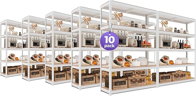 HOMEDANT House Lift-Beam White 48" Wide Boltless Heavy Duty Garage Storage Shelving Adjustable 5-Tier Metal Shelves Laminated Organization Shelf Industrial Utility Rack Pantry Shed Office Store 10Pack