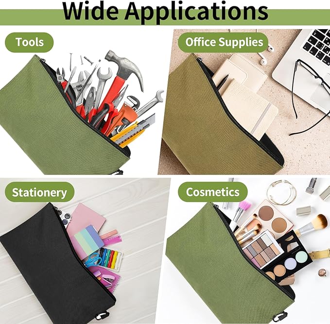 3 Pack Tool Bag Zipper Pouch, Premium Tool Pouch, Utility Multipurpose Storage Organizer Tool Pouches with Carabiner Metal Zipper for Tools, Stationary, Pencil Pouch (3 Pack, Tan, Navy Green, Black)