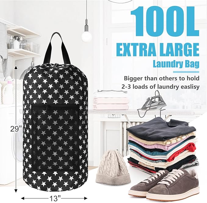 Portable Laundry Bag Backpack with Adjustable Straps & Mesh Pocket - Drawstring Closure for College, Apartment, Camping (Star Shape)