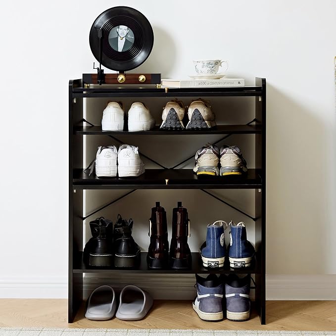 Netsatr Shoe Cabinet with Doors, 5-Tier Shoe Storage Cabinet with Adjustable Shelves, Shoes Rack Organizer Cabinet, Boho Rattan Farmhouse Storage Cabinet for Entryway, Hallway, Front Door, Black