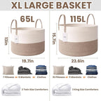 JMvicyroam 115L Extra Large Blanket Basket for Living Room - Woven Cotton Rope Laundry Hamper with Reinforced Handles - Storage Bin for Pillows, Comforters & Toys - Machine Washable,White&Brown