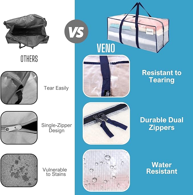 VENO 6 Pack Moving Bags Plastic Storage Totes Clothes Organization Large W Lid/Zipper. Packing Boxes/Bins Alternative. Space Saving Foldable College Supplies Essentials (Clear, 6 Pack)