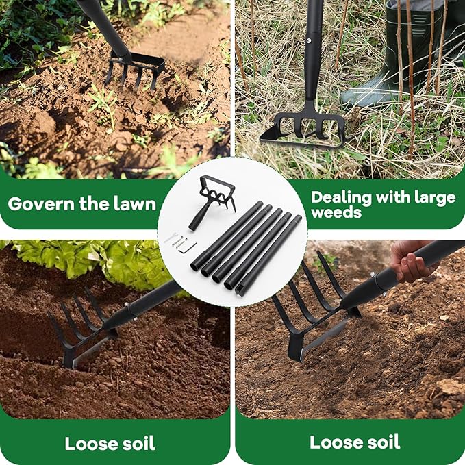 Garden Hoe, 72 Inch Soil Tiller Cultivator Stirrup Hoe, Heavy Duty 2-in-1 Garden Tool with Adjustable Long Handle, Action Scuffle Loop Hoe with Rake for Flower Beds, Garden Loosening Weeding Digging