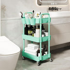 UDEAR 3-Tier Rolling Utility Cart,Multifunctional Storage Shelves with Handle and Lockable Wheels for Room,Office,Kitchen,Bathroom,with 3 Hanging Cups,Green