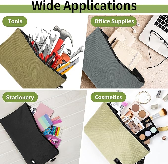 6 Pack Zipper Pouch, Premium Tool Bag, Utility Flat Bottom Storage Organizer With Carabiner Metal Zipper for Tools, Stationary, Pencil
