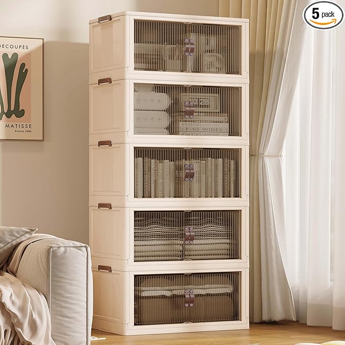 SAILUN 136Gal/543Qt Stackable Storage Bins Folding Collapsible Storage Bins with Lid, Closet Organizers and Storage Box with Door Beige 26" W x 17" D x 71" H