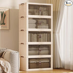 SAILUN 136Gal/543Qt Stackable Storage Bins Folding Collapsible Storage Bins with Lid, Closet Organizers and Storage Box with Door Beige 26" W x 17" D x 71" H