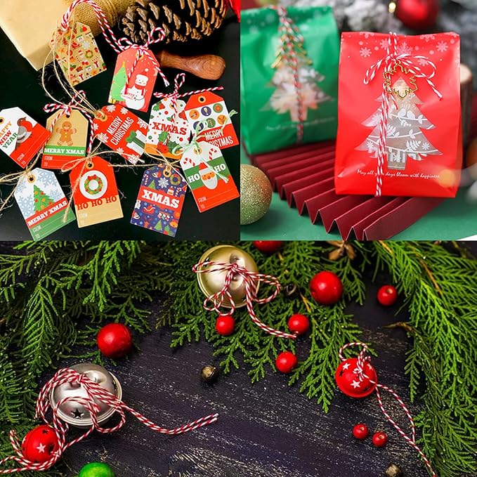 Benvo Pack of 2 Green White Cotton Twine and Red White Packing String Christmas Xmas Twine Rope Ribbon Cord for Baking, Butchers, DIY Crafts Wrapping Ornaments Hanging 656 ft Long