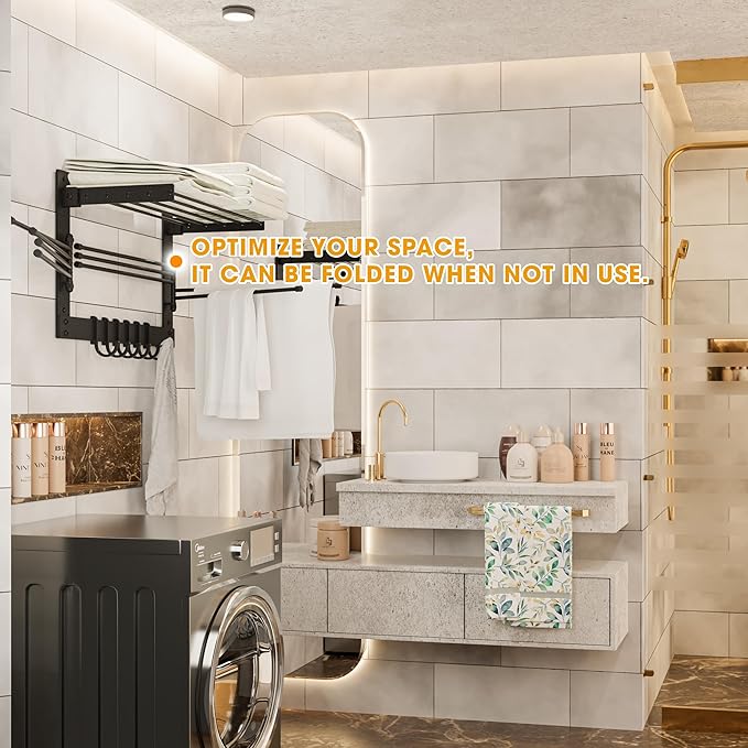 BATODA Wall-Mounted Steel Clothes Drying Rack - Swivel Towel Hanger for Laundry Room & Bathroom - Space Saver (Steel)