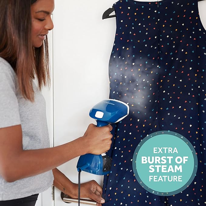 Sunbeam 1200W Steam Burst Handheld Steamer for Clothes, Dual Steam Settings, 30-Second Fast Head-Up, Bristle Brush Attachment, White and Blue Finish