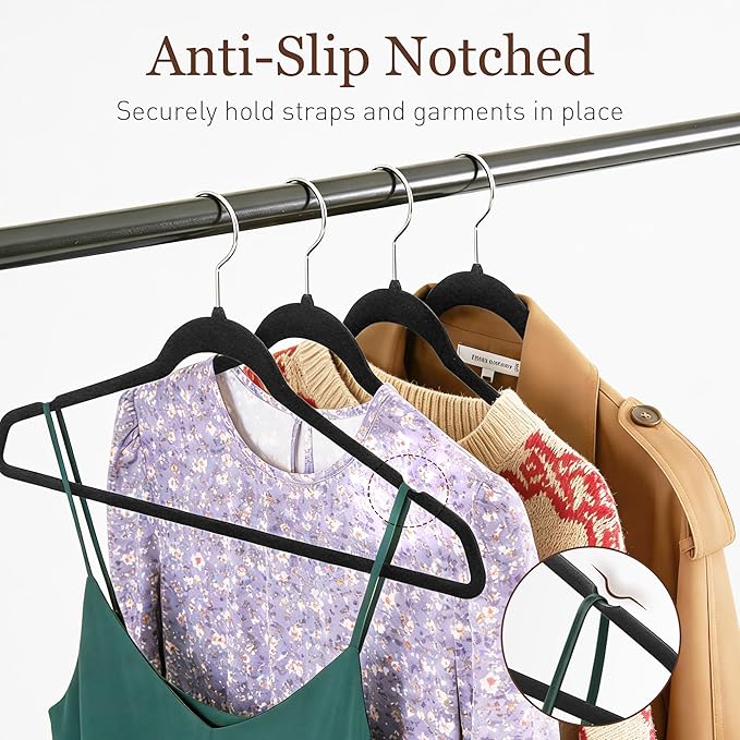 Velvet Hangers 100 Pack, Slim Non-Slip Clothes Hangers Space-Saving for Closet, Heavy Duty for Pants, Coats, Skirts, Jeans, Sweaters and More, Nylon-Flocked, Black