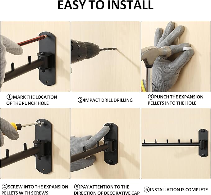 Swing Clothes Hanger, Wall Mounted Garment Bar-Hanger Holder Hooks, Heavy Duty Folding Drying Rack, Space Saving Clothing Hanging System, Closet Storage Organizer, Black