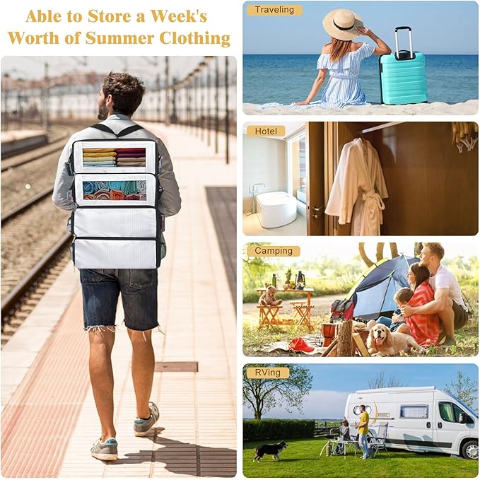 Suitcase Organizer, Carry on Closet Luggage Organizers Accessories for Travel, Foldable and Hangable Portable Hanging Travel Shelves with a Shoulder Strap to Use As a Travel Backpack Large, White