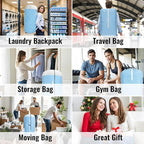 Laundry Bag Backpack, 125L Extra Large Travel with Shoulder Straps, Adjustable & Extendable Design, Laundry Hamper Bag with 3 Pockets for Laundromat, College, Travel, Camping (Light Blue)