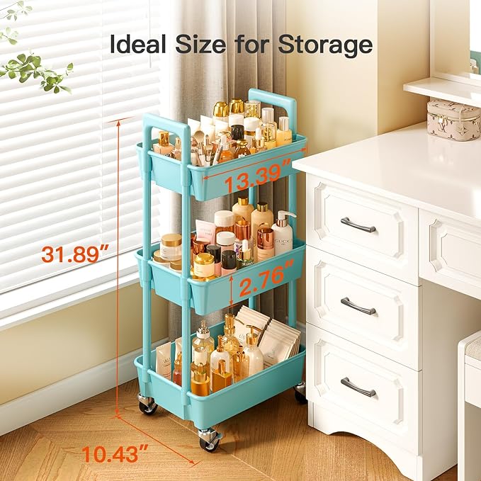 Pipishell 3 Tier Rolling Cart Organizer, Plastic Rolling Cart with Lockable Wheels & Reinforced Handle, Lightweight Utility Cart Storage Cart for Nursery, Kitchen, Bathroom, Craft Room, Turquoise