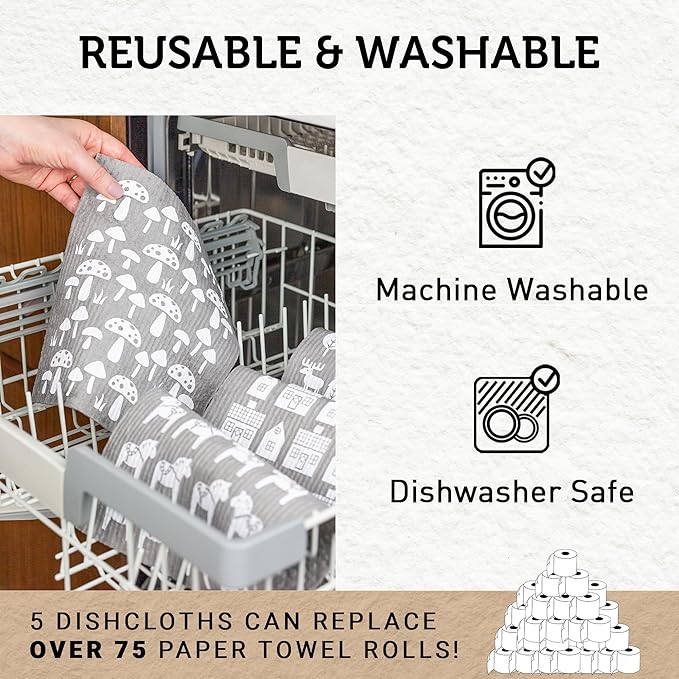 Nordhus Design Large Swedish Dishcloths, 5 Grey Cloths, Made in Sweden - 9.5 x 8 inch Reusable, Washable Cellulose Cotton Kitchen Cloths - Replace Paper Towels, Wipes, Sponges, Dish Rags