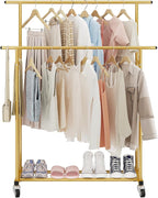 Calmootey Double Rod Clothing Garment Rack,Rolling Hanging Clothes Rack,Portable Clothes Organizer for Bedroom,Living Room,Clothing Store,Gold