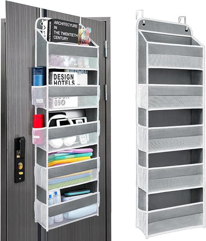 Sturdiness Over The Door Organizer, 5 Shelves & 8 Side Pockets,Anti Tilt Hanging Behind Door Storage, Heavy-Duty Reinforced Mesh Rack Holds 44lb for Bathroom,Pantry, Nursery,Closet, Shoes, Towels