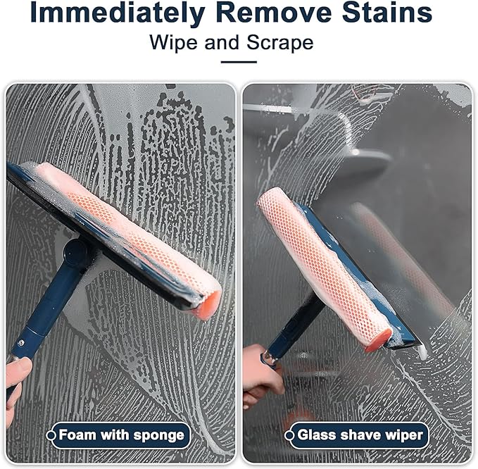 Professional Window Squeegee,2-in-1 Window Cleaner with 56" Long Stainless Steel Handle,Window Washing Kit, Glass Door Cleaner,Multi-Use Car Windshield Cleaning Tool for Gas Station, Glass,Shower