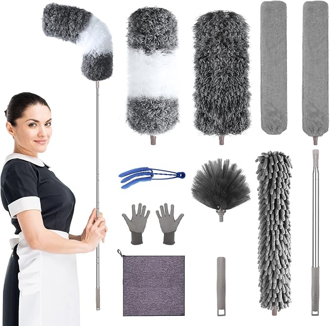 Microfiber Feather Duster with Extension Pole 30 to 100 inches, Reusable,Bendable, Washable Dusters for Cleaning Ceiling Fan, High Ceiling, Blinds, Furniture & Cars, 12PCS