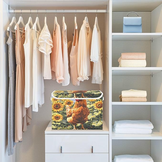 senya Large Storage Bins with Linen Collapsible Foldable Storage Cubes Fabric Closet Organizer Containers box with Flip-Top Lid for Home Bedroom Office 16.7 x 12.6 x 11.8in (Chicken Pattern)
