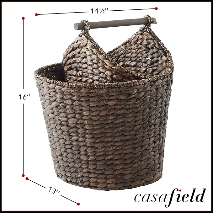 Casafield Toilet Paper Roll Storage Basket with Magazine Holder, Espresso - Woven Water Hyacinth Wicker Bathroom Bin for Bath Tissue and Toiletries