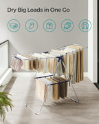 SONGMICS Clothes Drying Rack, with Sock Clips, Metal Laundry Rack, Foldable, Space-Saving, Free-Standing Airer, with 2 Height-Adjustable Gullwings, Indoor Outdoor Use, Silver and Blue ULLR52BU