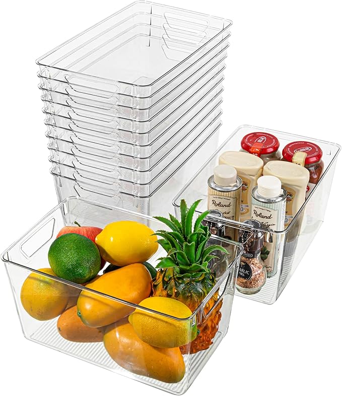 Attelite Clear Plastic Storage Bins,Large 12 Pack Pantry Organizer with Handle,BPA Free Plastic Storage Containers for Fridge,Closet,Bathroom,Under Sink and Kitchen Organization