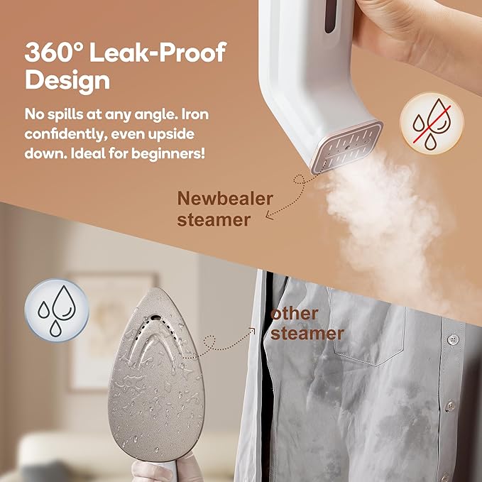 Newbealer 2in1 Steamer and Dry Iron for Beginners, Horizontal & Vertical Clothes Steamer, Non-Stick Ceramic Soleplate, 170ml Garment Wrinkle Remover, Auto-off, 1.2lbs (120V Only)