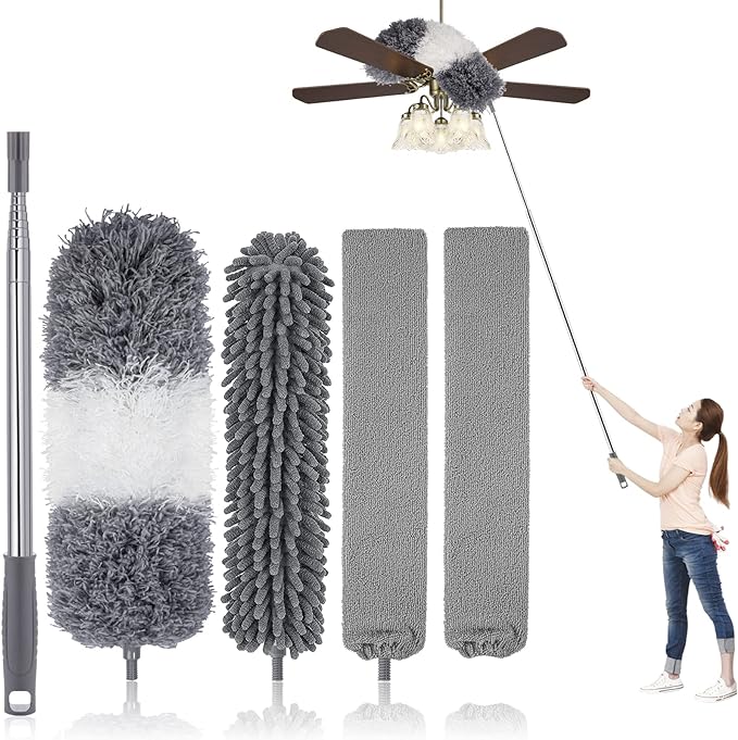Microfiber Feather Duster Kit with Extension Pole (30–100") – Bendable Washable Heads, Extendable Dusters for Cleaning Ceiling Fan, High Ceiling, Blinds, Furniture & Cars (5 Pcs)