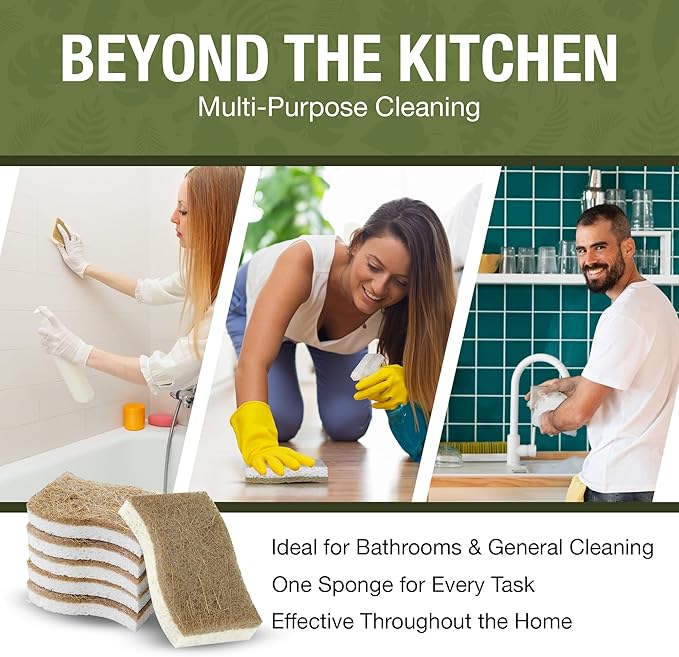 BEAUFITAL 20 Count Non-Scratch Natural Kitchen Sponge, Biodegradable Compostable Cellulose Coconut Scrubber, Eco Friendly Sponges for Dishes, Non-Stick Cookware, Bathroom, Heavy-Duty Cleaning