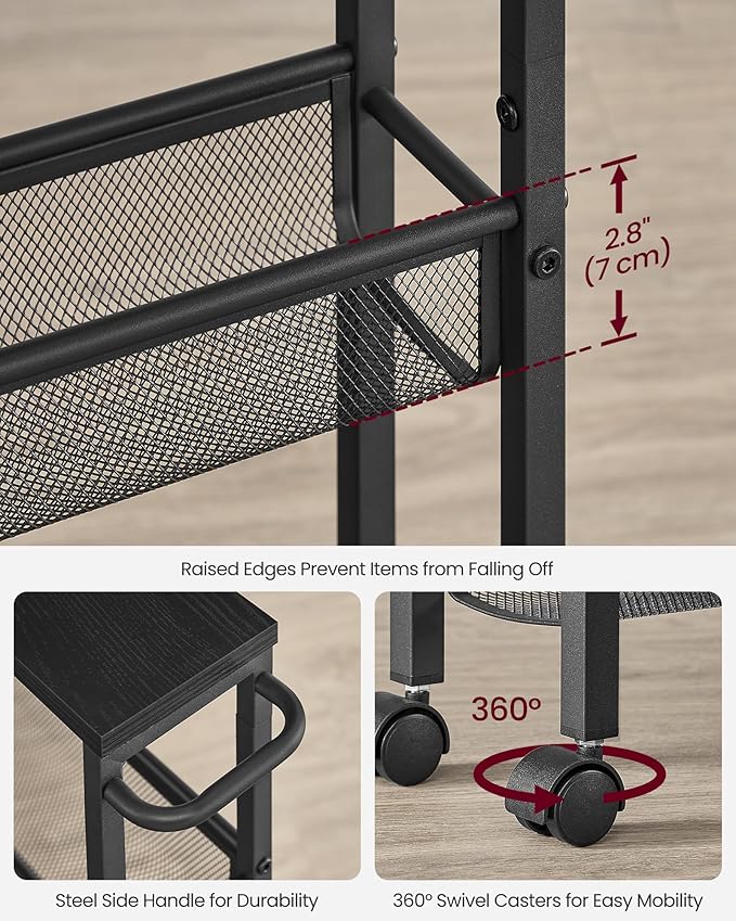 VASAGLE Slim Rolling Cart, 4-Tier Storage Cart, Narrow Cart with Handle, 5.1 Inches Deep, Metal Frame, for Kitchen, Dining Room, Living Room, Home Office, Ebony Black and Classic Black ULRC032B04