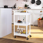 3-Tier Utility Rolling Cart with Cover Top Board, Mobile Utility Cart with Lockable Casters Multi-Functional Storage Trolley for Office, Bathroom, Kitchen, Garden, Laundry Room (White)