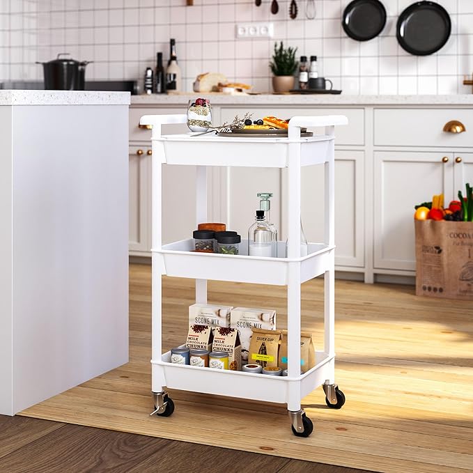 3-Tier Utility Rolling Cart with Cover Top Board, Mobile Utility Cart with Lockable Casters Multi-Functional Storage Trolley for Office, Bathroom, Kitchen, Garden, Laundry Room (White)