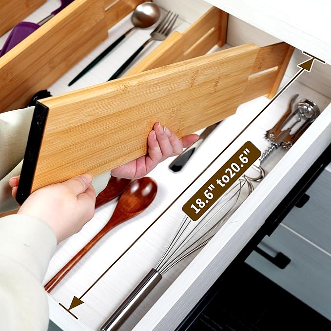 Utoplike Bamboo Drawer Dividers Large(Fits 18.6"-20.6" Drawer Inner Size, Height > 4.05"), Adjustable Kitchen Drawer Organizers for Clothing, Spring Loaded, 4 pcs