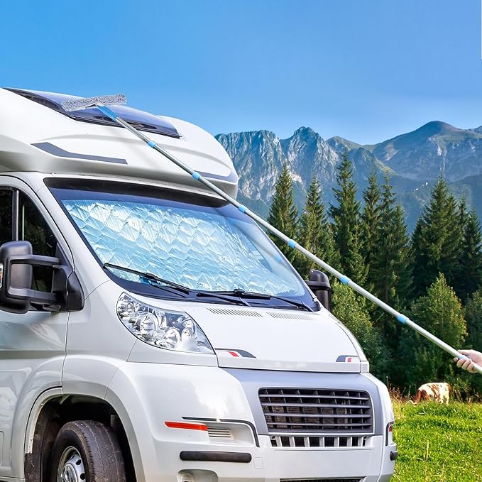 15 Feet High Reach Window Cleaning Kit with Extension Poles, Window Cleaner Tool with 14’’ Silicone Squeegee, Microfiber Scrubber & Cloth, Window Washing Equipment for Indoor/Outdoor Windows