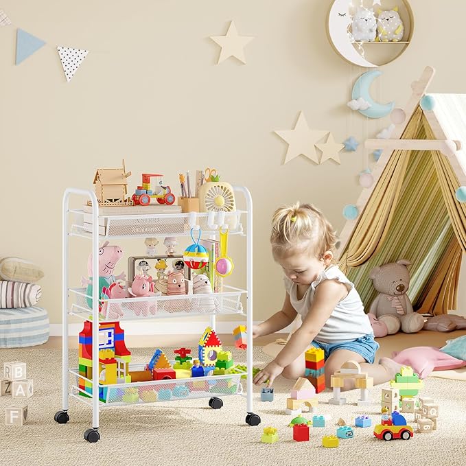 TOOLF 3-Tier Metal Rolling Cart, Mesh Wire Easy Assemble Utility Cart, Storage Trolley on Wheels with 3 Hooks, MetalStorage Shelving Units for Kitchen Bathroom Laundry Room