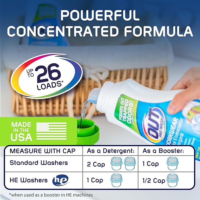 OUT ProWash Workwear Stain Remover Laundry Detergent and Odor Eliminator, Great for Work Clothes, Uniforms, Active Wear, and More, Made in the USA, 22 Ounce Bottle, 2-Pack