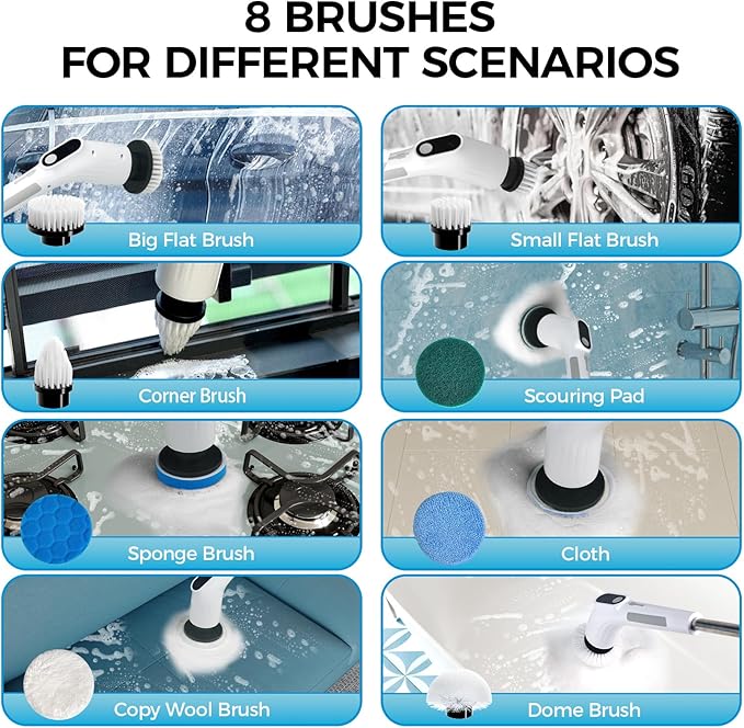 Electric Spin Scrubber, Shower Cleaning Brush with 8 Replaceable Brush Heads, IPX7 Waterproof & 50KGF High-Torque Motor, Adjustable Long Handle, for Bathroom, Kitchen, Tile & Floor Cleaning