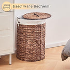 Round Water Hyacinth Laundry Hamper with Lid Handwoven Wicker Basket with Handles for Dirty Clothes, Storage, and Organization Ideal for Bedroom, Bathroom, and Laundry Room, No Assembly Required, 60L