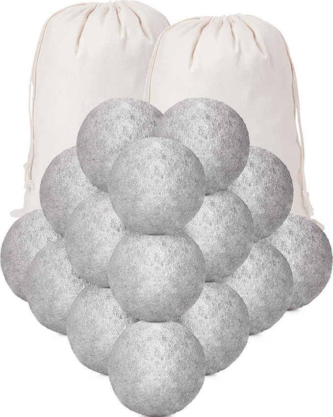 Kenning 26 Pieces Wool Dryer Balls Set, 24 Reusable Dryer Balls with 2 Muslin Bags Fabric Softener for Clothes Laundry Anti Wrinkle Anti Static Saving Energy and Time(Gray)
