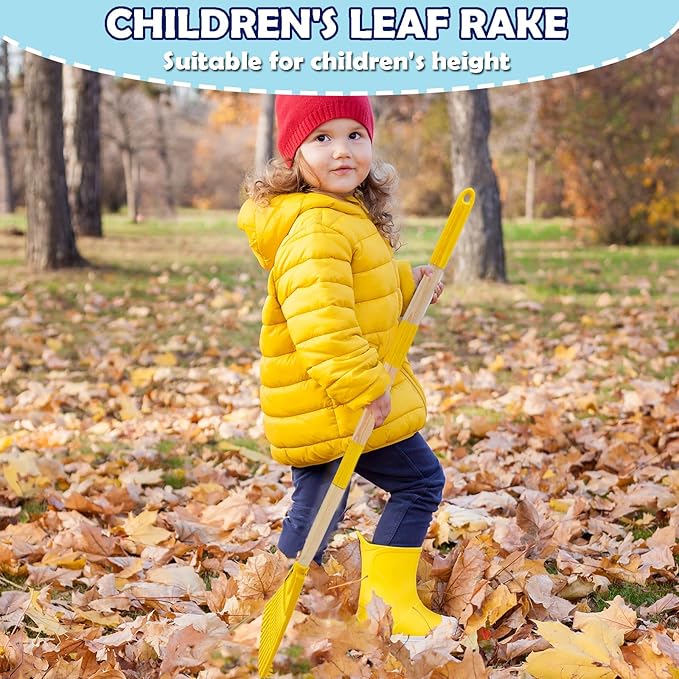 Kids Leaf Rake - 3-Section Adjustable Handle, Lightweight, Wood & Plastic, Small Garden Tool for Children (Yellow)