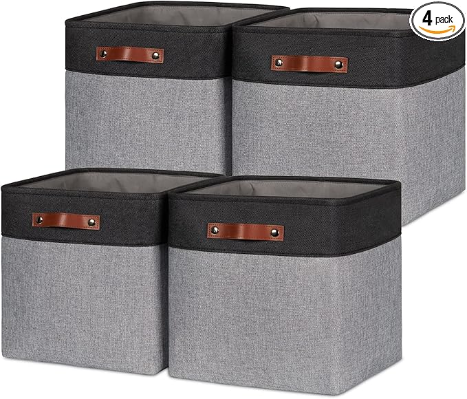 HNZIGE 13x13x13 Storage Baskets (4 Pack) Large Fabric Storage Cubes for Shelves, Storage Cube Bins for Gift with Leather Handles for Home, Kids Room, Closet (White&Black)