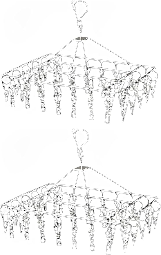 2 Pack Stainless Steel Sock Drying Rack with 80 Clips,360° Rotatable Windproof Hook Clothes Hanger Rack for Herb,Bras,Underwear,Baby Clothes,Hat,Scarf,Pants,Gloves,Towel and Laundry Accessories