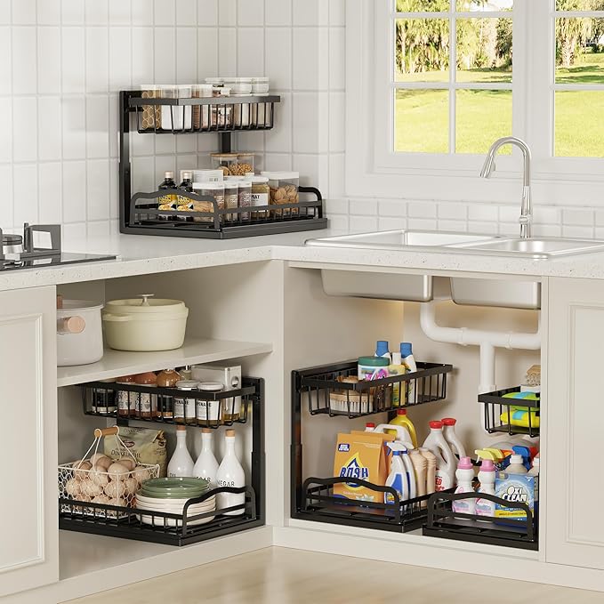 AceMining Under Sink Organizer, 2 Pack Pull-Out Under Cabinet Organizer, 2 Tier Under Sink Storage with Sliding Basket, L-Shaped and Adjustable Height Design for Kitchen and Bathroom