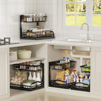 AceMining Under Sink Organizer, 2 Pack Pull-Out Under Cabinet Organizer, 2 Tier Under Sink Storage with Sliding Basket, L-Shaped and Adjustable Height Design for Kitchen and Bathroom