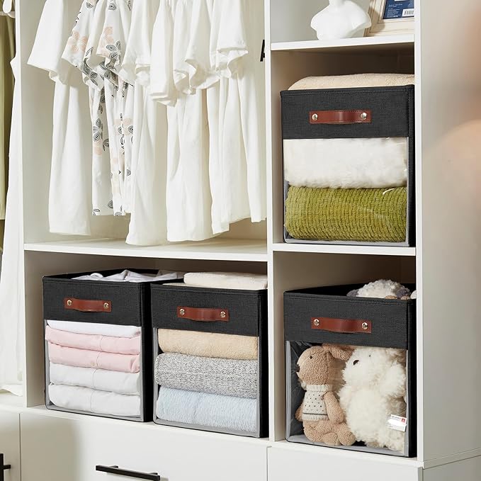 Storage Cube Organizer with Clear Window, Linen Collapsible Storage Boxes with PU Handles, Cube Storage Bins for Shelf, Closet, Cabinet, Bookcase (13x13x13, Black)